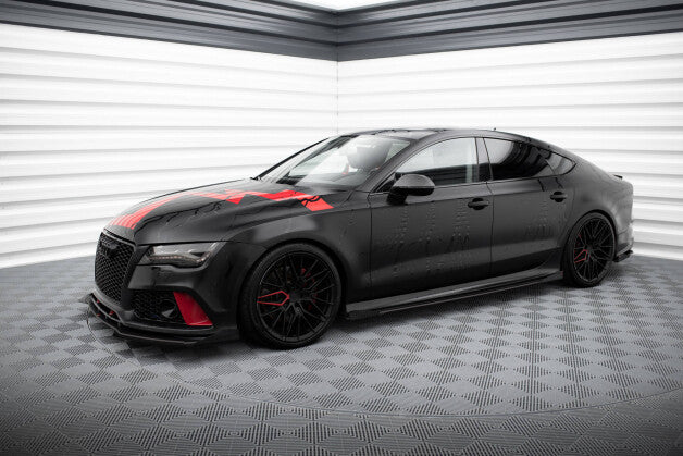 Seitenschweller Ansatz (Paar) + Flaps passend für Audi A7 S-Line C7 roter Kern + Hochglanz Flaps