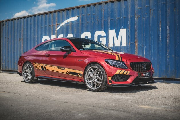 Seitenschweller Ansatz (Paar) + Flaps passend für Mercedes-AMG C43 Coupe C205 roter Kern + Hochglanz Flaps
