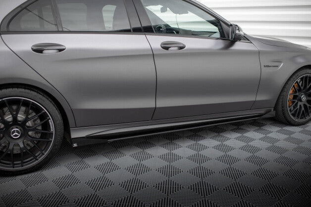 Seitenschweller Ansatz (Paar) + Flaps passend für Mercedes-AMG C63 Limousine / Kombi W205 FL schwarz Hochglanz
